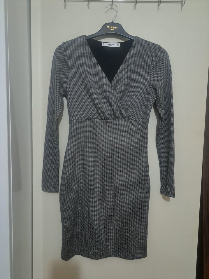 Gri V Yakalı Pilili Triko Elbise 36,38 - Görsel 2