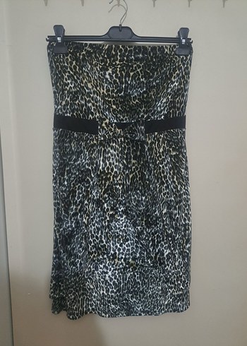 Leopar Desenli Straplez Mini Elbise Kadife 38 - Görsel 5