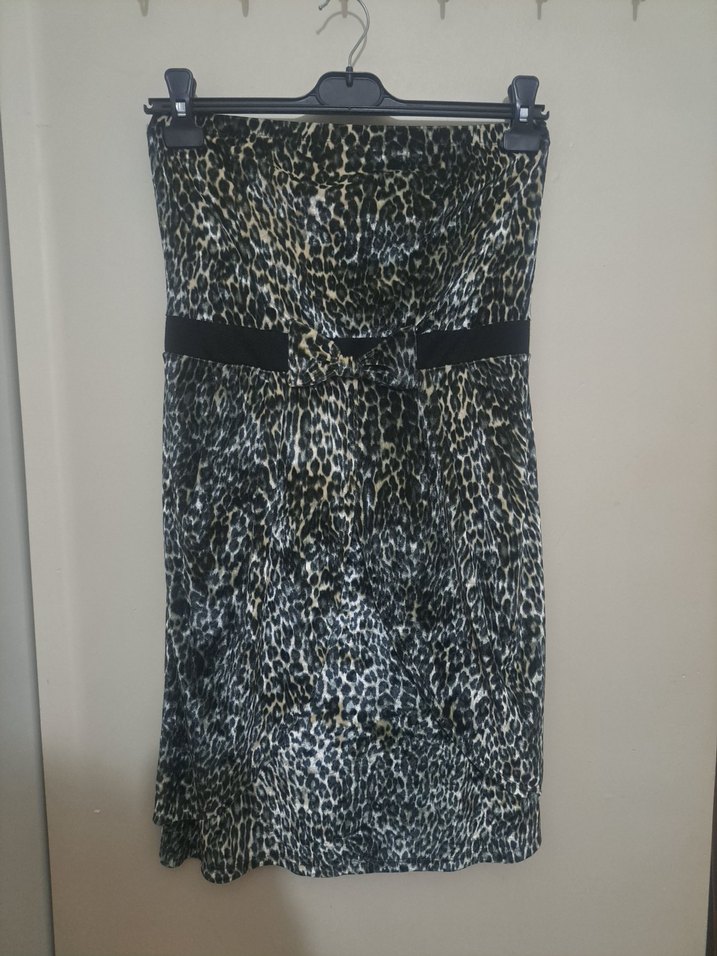 Leopar Desenli Straplez Mini Elbise Kadife 38 - Görsel 5