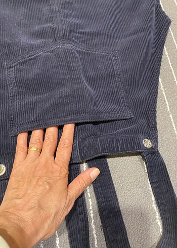 Lacivert Kadın  Askılı Mini salopet kadife - Görsel 4