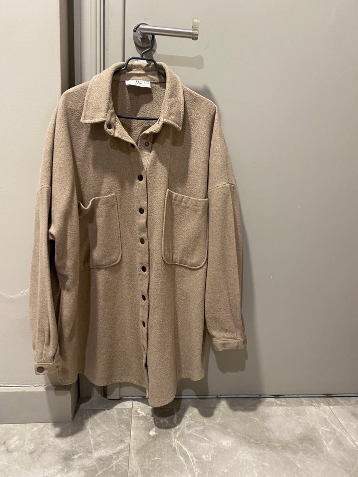 Bej Düğmeli Uzun Kollu Keten kaşe karışımı - Görsel 2