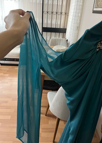 Straplez Drapeli Turkuaz Uzun Abiye Elbise - Görsel 4