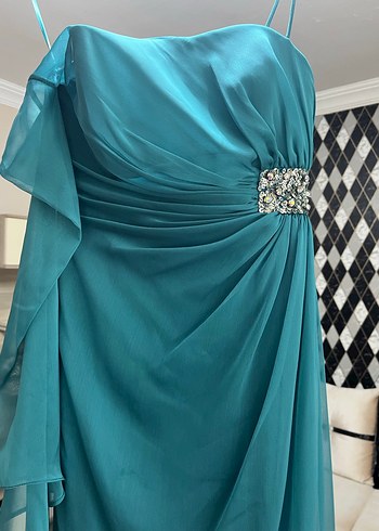 Straplez Drapeli Turkuaz Uzun Abiye Elbise - Görsel 2