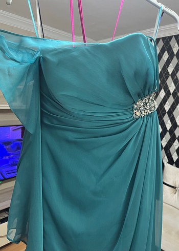 Straplez Drapeli Turkuaz Uzun Abiye Elbise - Görsel 3