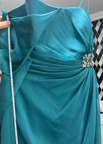 Straplez Drapeli Turkuaz Uzun Abiye Elbise - Görsel 6