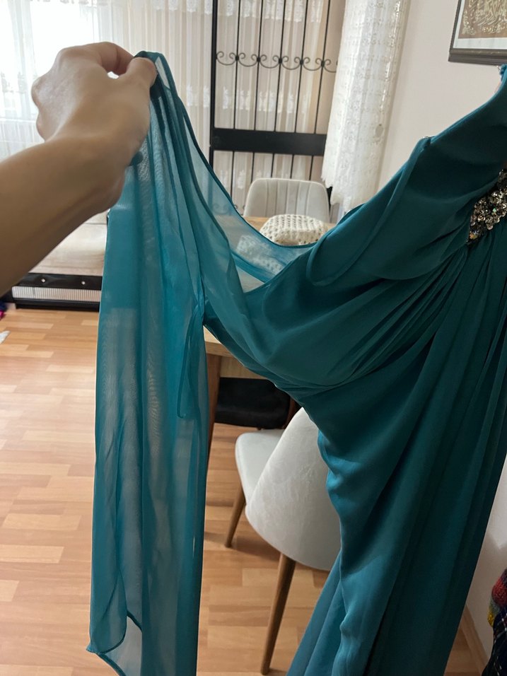 Straplez Drapeli Turkuaz Uzun Abiye Elbise - Görsel 4