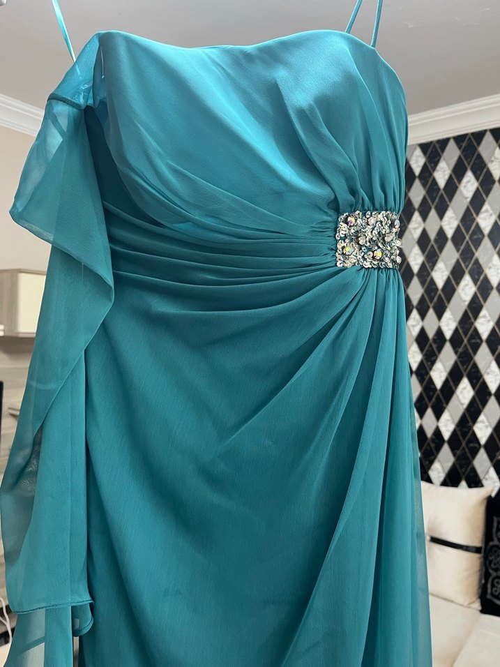 Straplez Drapeli Turkuaz Uzun Abiye Elbise - Görsel 2