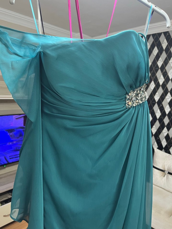 Straplez Drapeli Turkuaz Uzun Abiye Elbise - Görsel 3