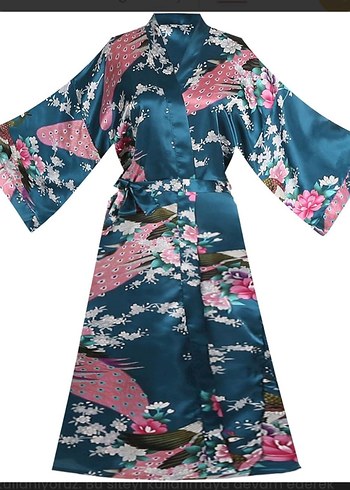 Uzun Kollu Mavi Çiçekli Kadın Kimono