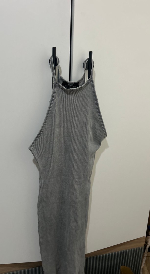 Gri Kolsuz Midi Keten Elbise - Görsel 2