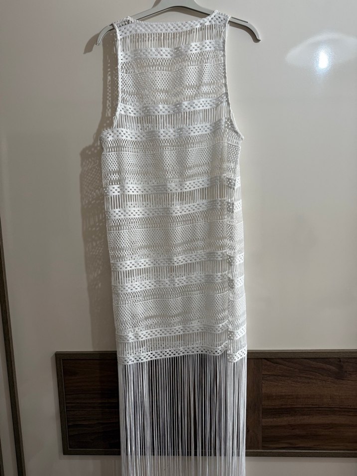 Dantel Detaylı Beyaz Uzun Örgü Elbise - Görsel 2