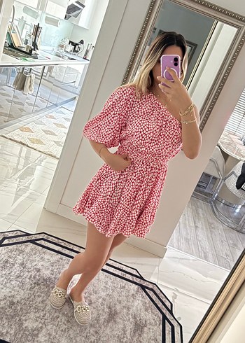 s Beden pembe Renk Pembe Tek Omuz Fırfırlı Mini Elbise