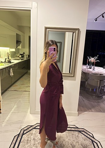 s Beden mor Renk Mor Midi V Yaka Kadın Elbise