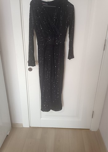 Siyah V Yakalı Uzun Salaş Elbise - Görsel 2