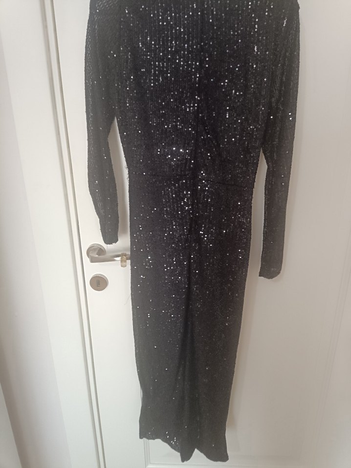 Siyah V Yakalı Uzun Salaş Elbise - Görsel 4