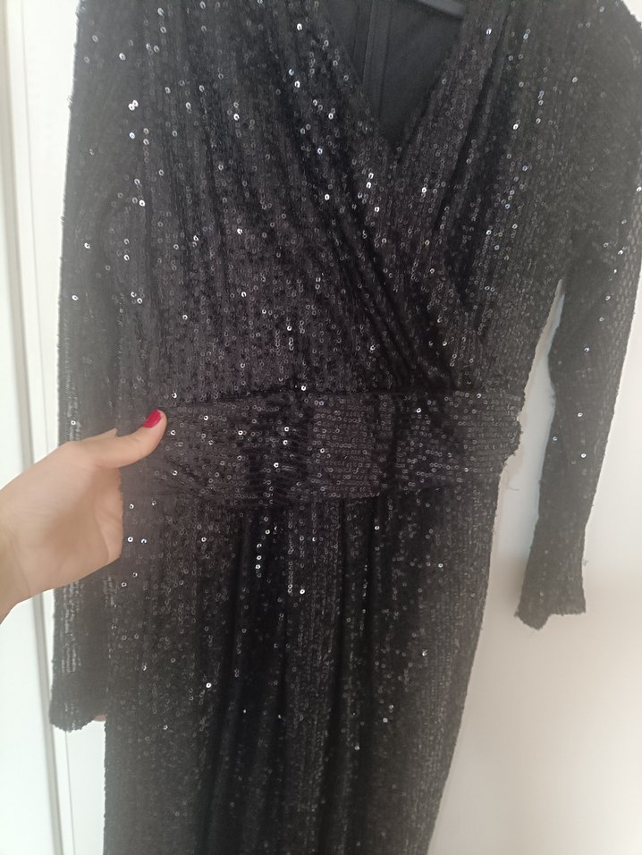 Siyah V Yakalı Uzun Salaş Elbise - Görsel 5