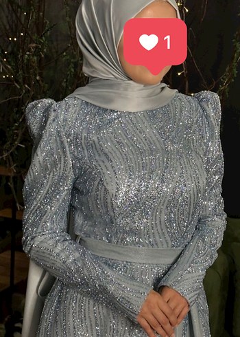 Diğer Uzun Kollu Mavi Çiçek Desenli Drape Abiye