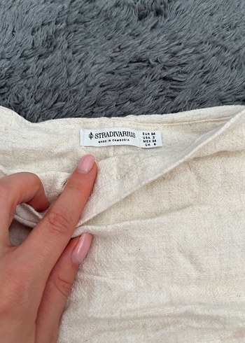 Stradivarius Bej Keten Volanlı Midi Etek