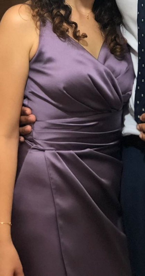 Mor Drapeli V Yaka SATEN Abiye Elbise - Görsel 3