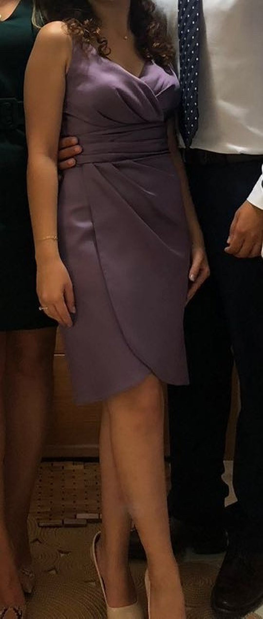 Mor Drapeli V Yaka SATEN Abiye Elbise - Görsel 2