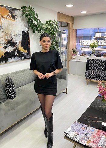 Siyah-omuz vatkalı Mini Elbise - Görsel 2