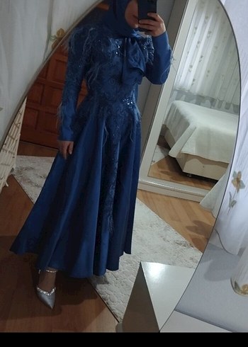 Lacivert Nakışlı Uzun Kollu Abiye Elbise - Görsel 5