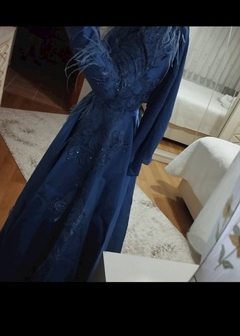 Lacivert Nakışlı Uzun Kollu Abiye Elbise - Görsel 3