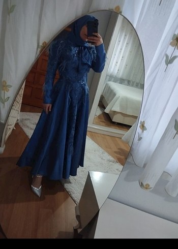 Lacivert Nakışlı Uzun Kollu Abiye Elbise - Görsel 4