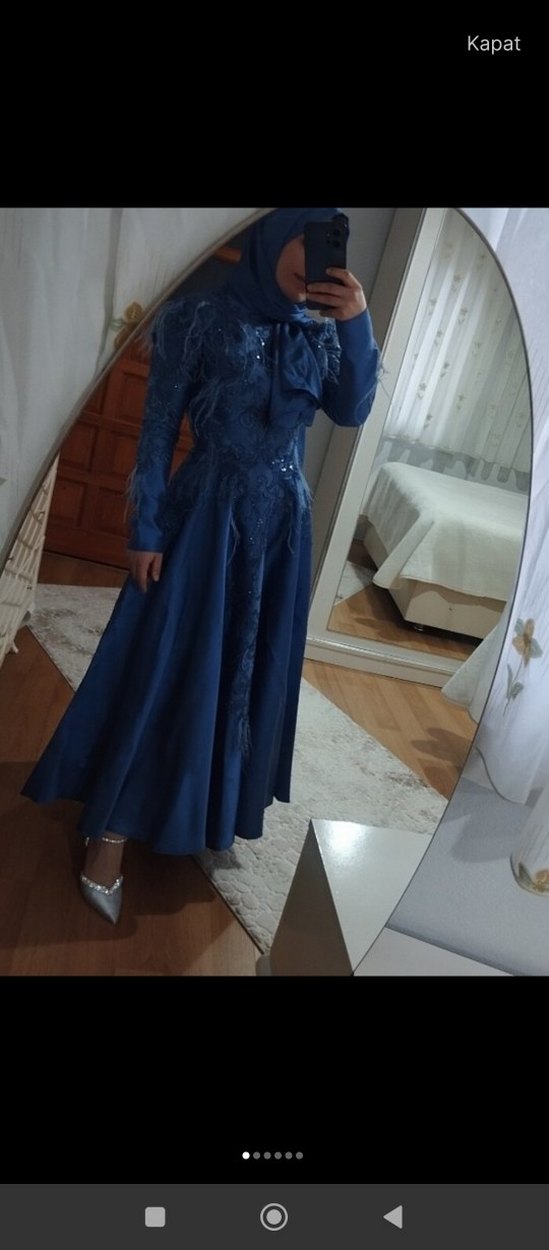 Lacivert Nakışlı Uzun Kollu Abiye Elbise - Görsel 5