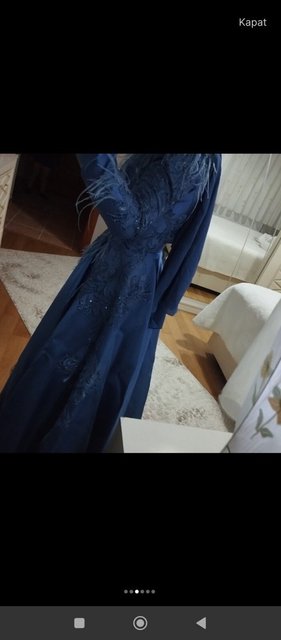 Lacivert Nakışlı Uzun Kollu Abiye Elbise - Görsel 3