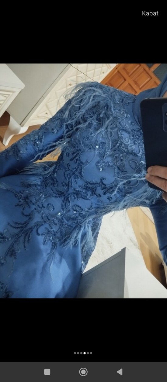 Lacivert Nakışlı Uzun Kollu Abiye Elbise - Görsel 2