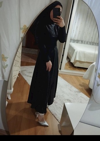 Parlak Siyah Uzun Abiye Elbise - Görsel 5