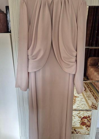 Bej Drapeli Uzun Abiye Elbise - Görsel 3