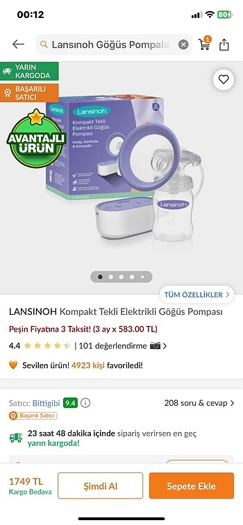 Beden Renk LANSİNOH ELEKTRİKLİ GÖĞÜS POMPASI