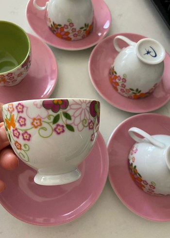 Porland Porland Pembe ve Yeşil Çiçekli Porselen Fincan Takımı ( 5 adet)