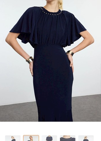 Lacivert Drapeli Uzun Kadın Elbise - Görsel 2