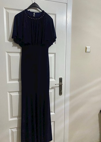 Lacivert Drapeli Uzun Kadın Elbise - Görsel 3