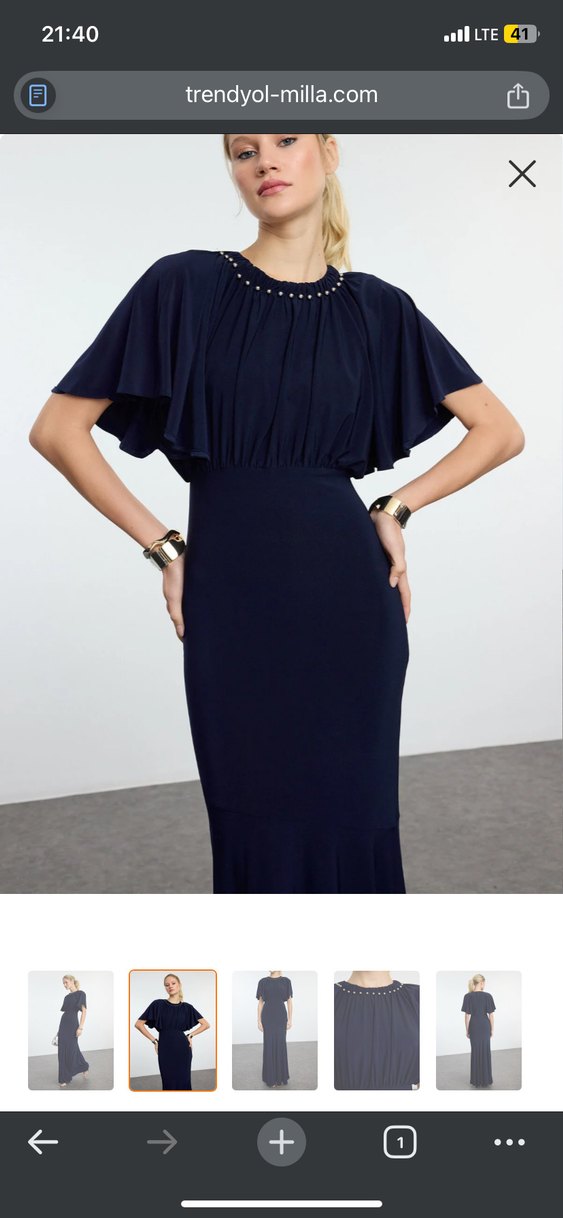 Lacivert Drapeli Uzun Kadın Elbise - Görsel 2