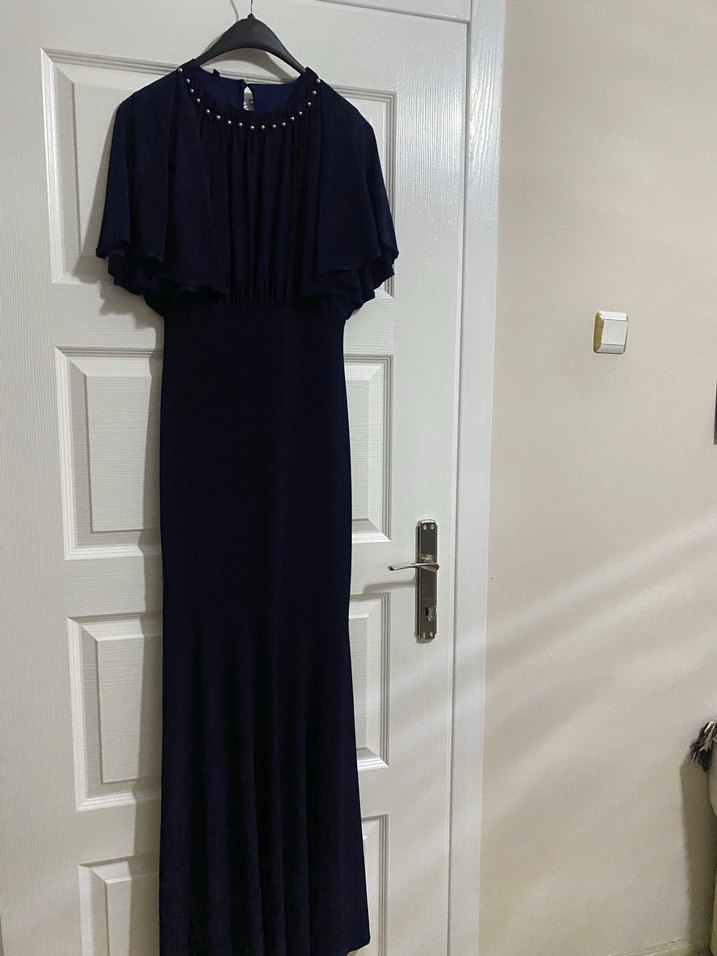 Lacivert Drapeli Uzun Kadın Elbise - Görsel 3