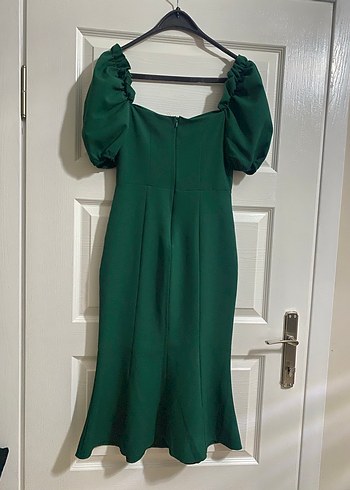 Parlak Yeşil Drapeli V Yakalı Uzun Elbise - Görsel 2