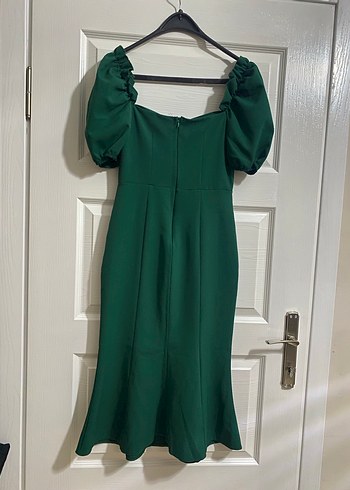 Parlak Yeşil Drapeli V Yakalı Uzun Elbise - Görsel 4