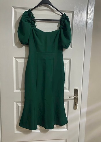 Parlak Yeşil Drapeli V Yakalı Uzun Elbise - Görsel 3