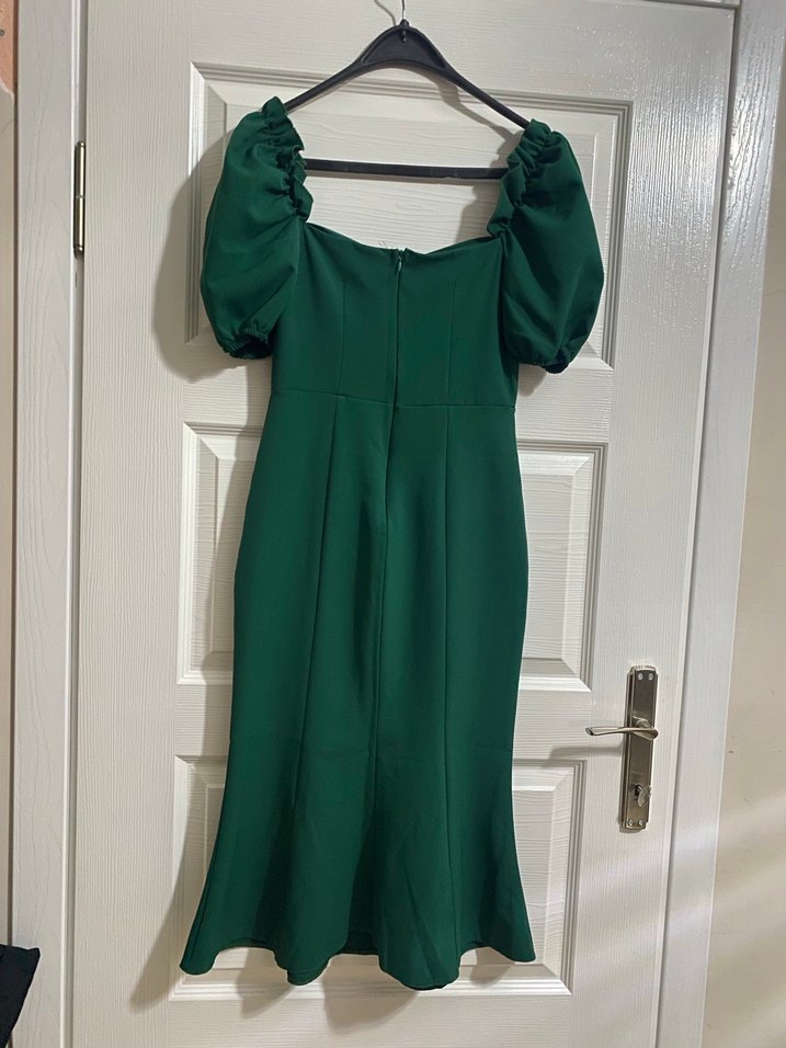 Parlak Yeşil Drapeli V Yakalı Uzun Elbise - Görsel 4