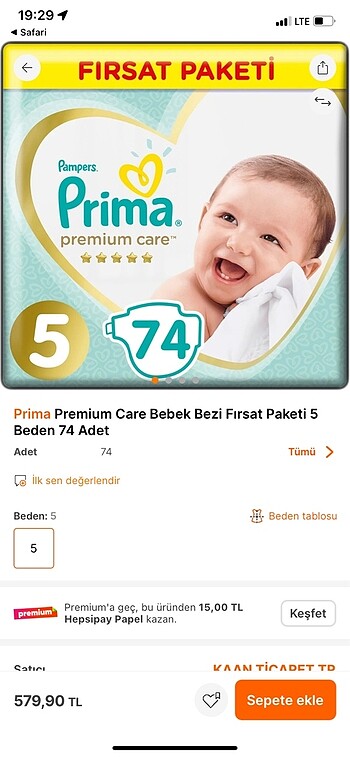 5 Beden: 11-25 kg Beden PRİMA ULTRA FIRSAT PAKETİ 5 NUMARA 74 adet