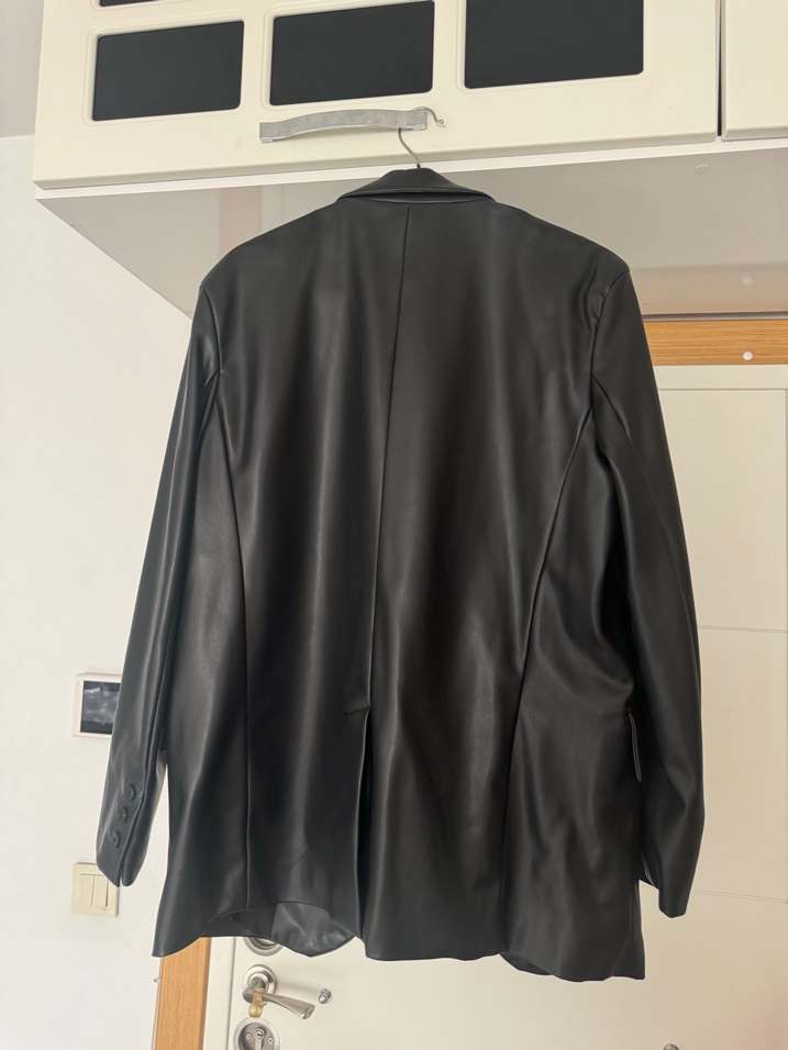 Kadın Siyah Deri Midi Ceket - Görsel 4