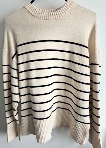 Gri Çizgili Beyaz Örgü Kadın Kazak - Görsel 3