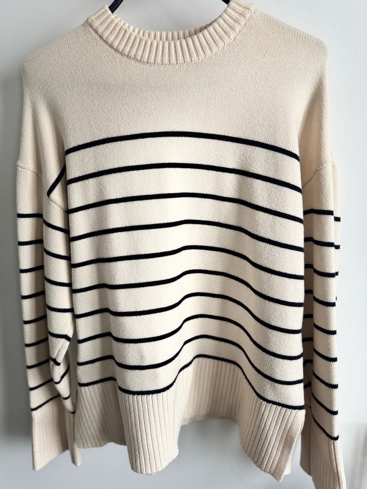 Gri Çizgili Beyaz Örgü Kadın Kazak - Görsel 3