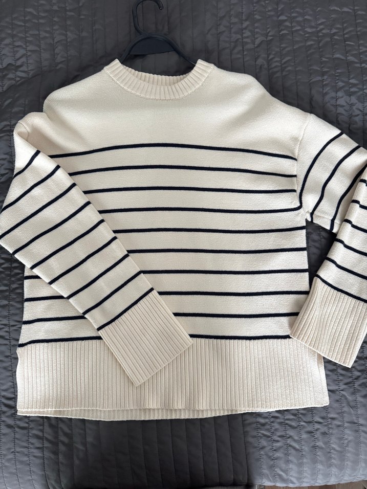 Gri Çizgili Beyaz Örgü Kadın Kazak - Görsel 2