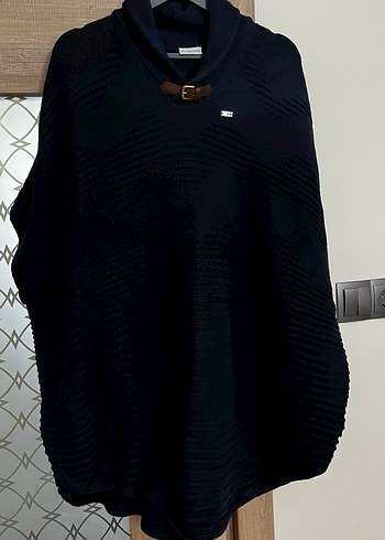 Kulaklık Us polo Kadın Lacivert Yünlü Yüksek Yakalı Panço - Görsel 3