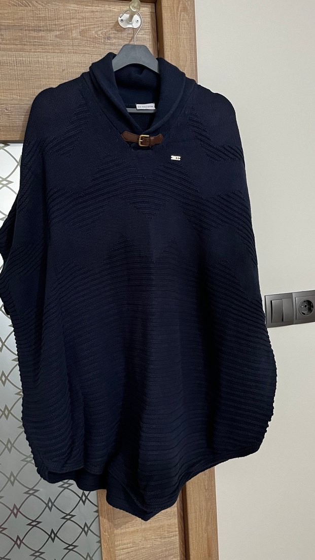 Kulaklık Us polo Kadın Lacivert Yünlü Yüksek Yakalı Panço - Görsel 2